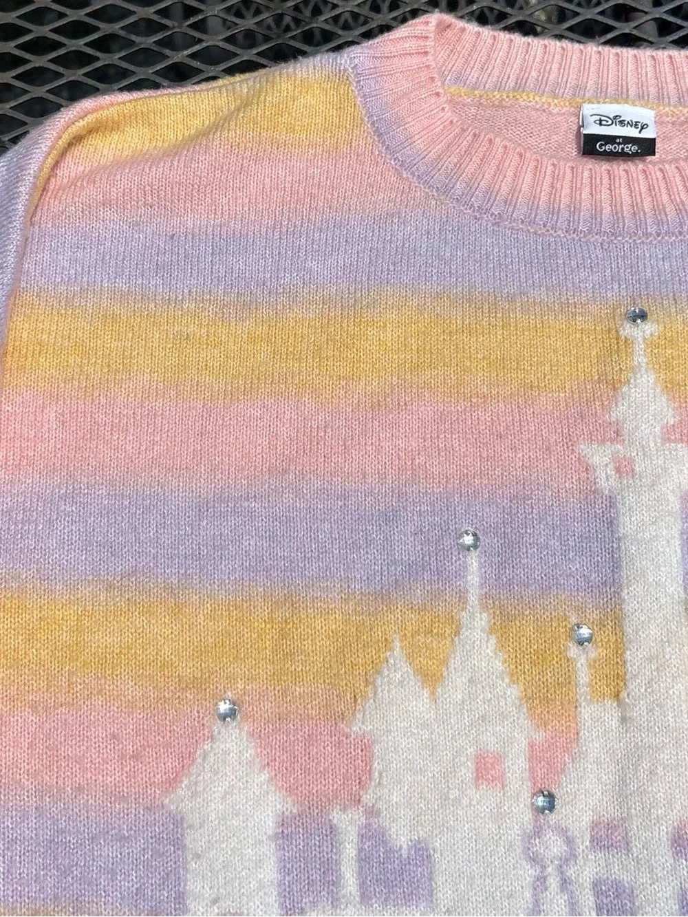 Disney Pastel Rainbow Castle Sweater Striped XL Pink Yellow Magic Kingdom